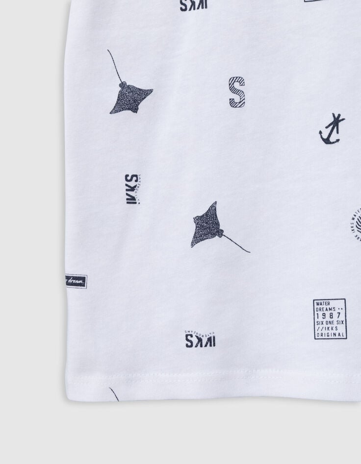 Ikks T-shirt Blanc Coton Bio Motifs Aquatiques Garçon