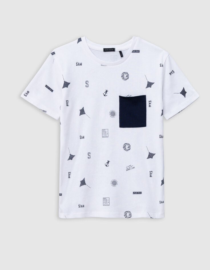 ikks T-shirt blanc coton bio motifs aquatiques garçon