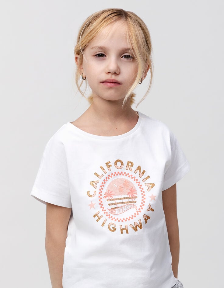 ikks T-shirt blanc coton bio palmiers HOT WHEELS x IKKS fille