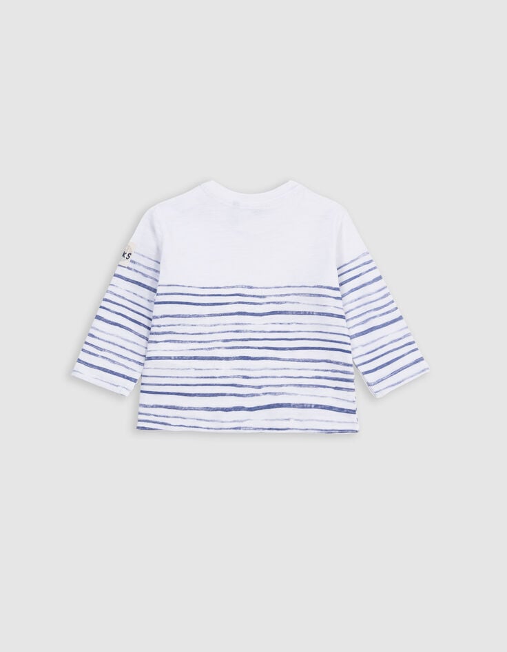 Ikks T-shirt Blanc Coton Bio Rayures Et Message Bébé Garçon