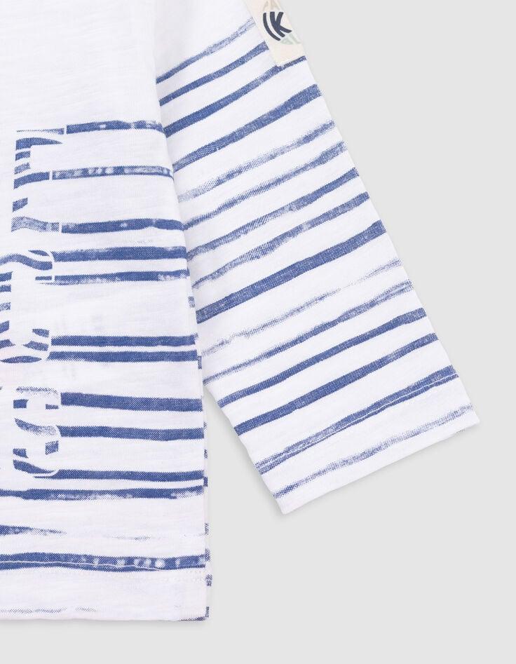 Ikks T-shirt Blanc Coton Bio Rayures Et Message Bébé Garçon