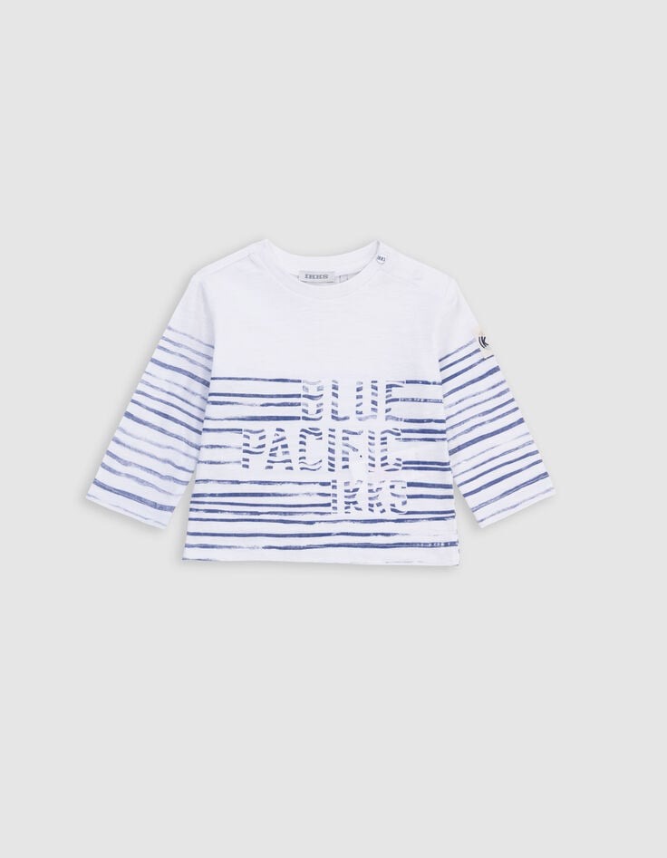 ikks T-shirt blanc coton bio rayures et message bébé garçon