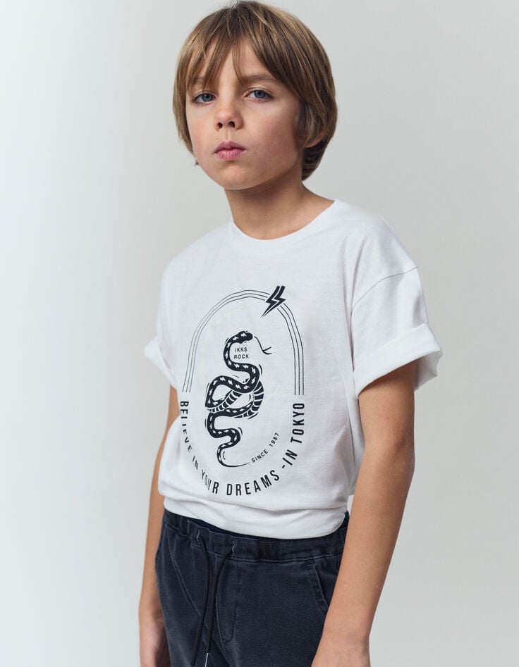 ikks T-shirt blanc coton bio serpent Reflective garçon