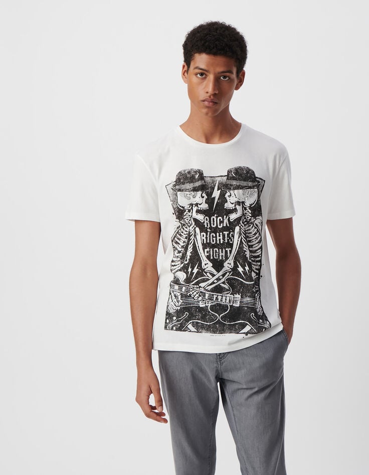 ikks T-shirt blanc coton bio squelettes-guitaristes Homme