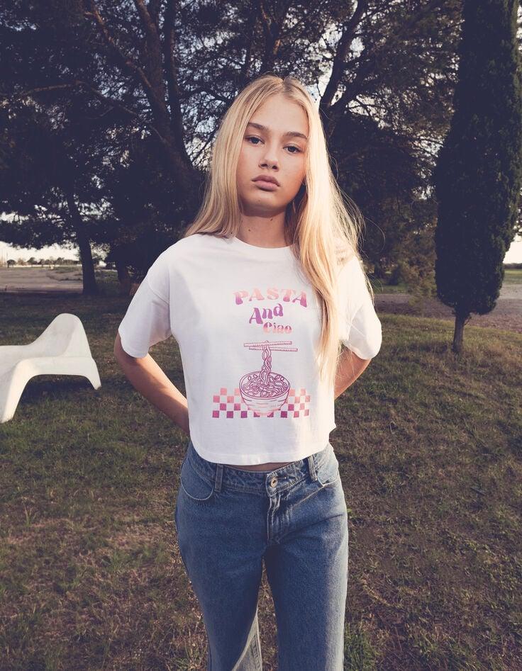 Ikks T-shirt Blanc Coton Bio Visuel Bol De Pâtes Fille
