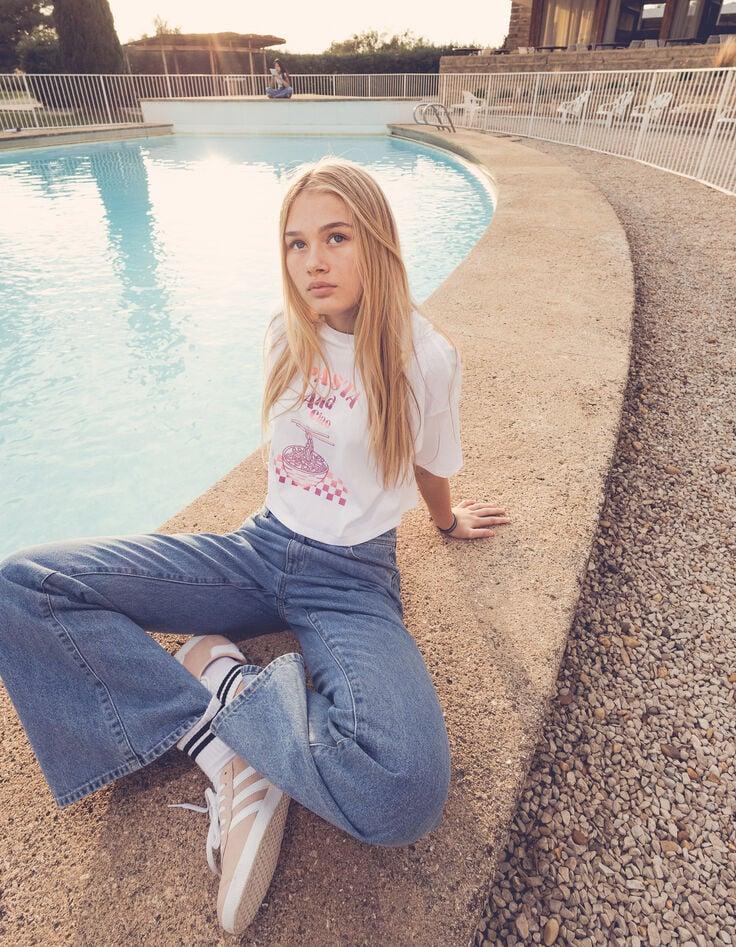 Ikks T-shirt Blanc Coton Bio Visuel Bol De Pâtes Fille