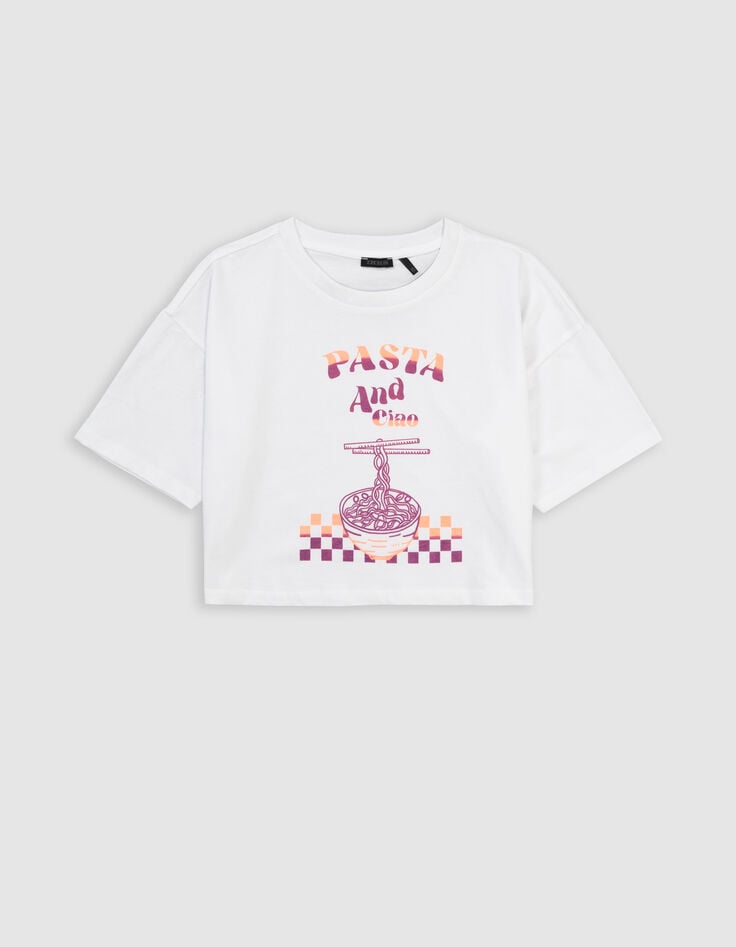 Ikks T-shirt Blanc Coton Bio Visuel Bol De Pâtes Fille