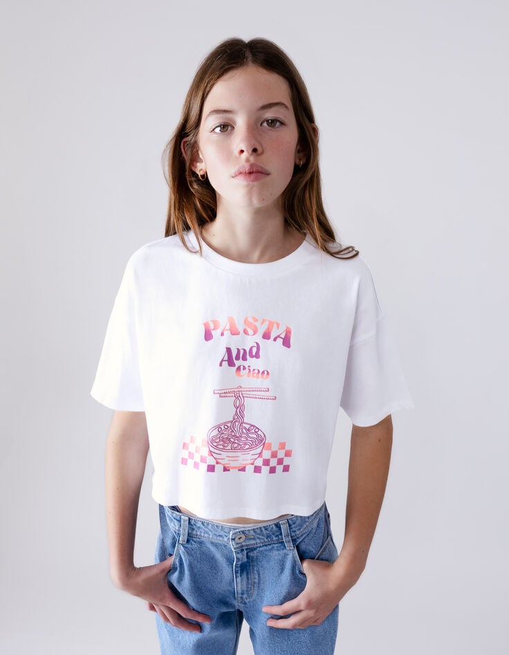 ikks T-shirt blanc coton bio visuel bol de pâtes fille