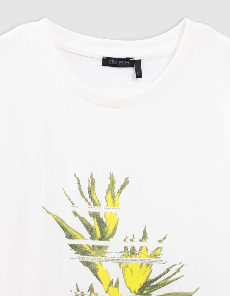 Ikks T-shirt Blanc Coton Bio Visuel Feuillage Pixellisé Garçon