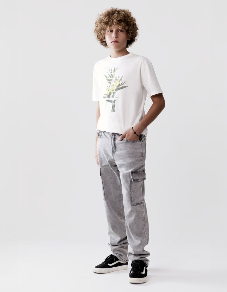 ikks T-shirt blanc coton bio visuel feuillage pixellisé garçon