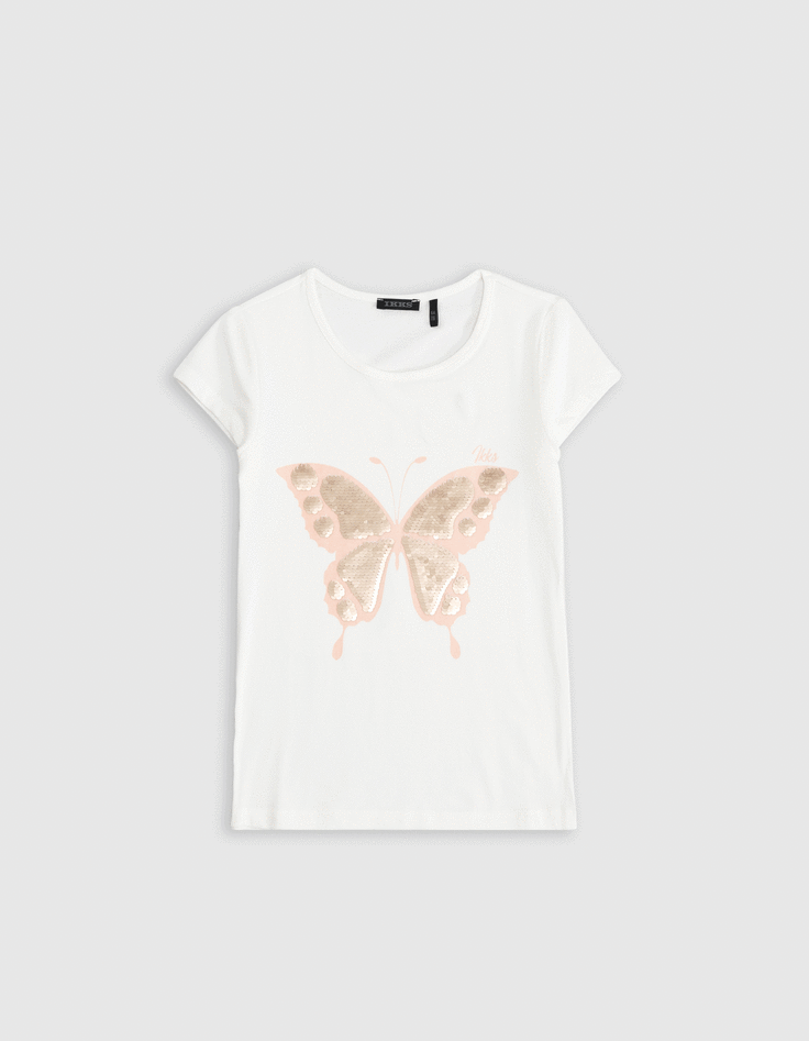 Ikks T-shirt Blanc Manches Ballon Bi-matières Fille