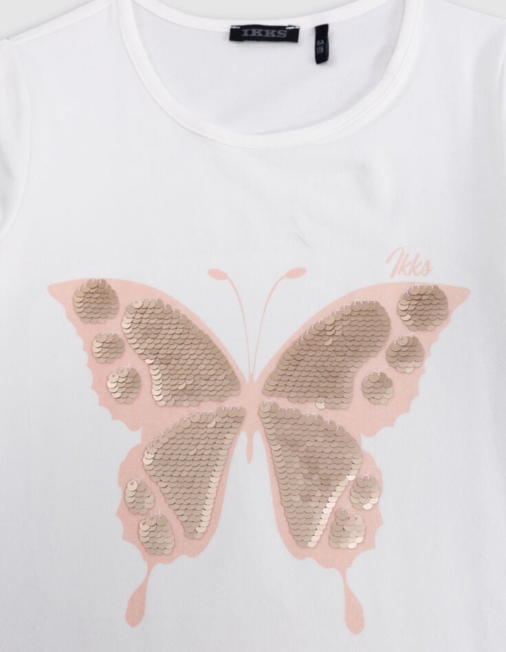 Ikks T-shirt Blanc Manches Ballon Bi-matières Fille