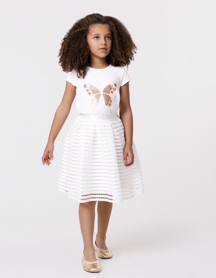 ikks T-shirt blanc manches ballon bi-matières fille