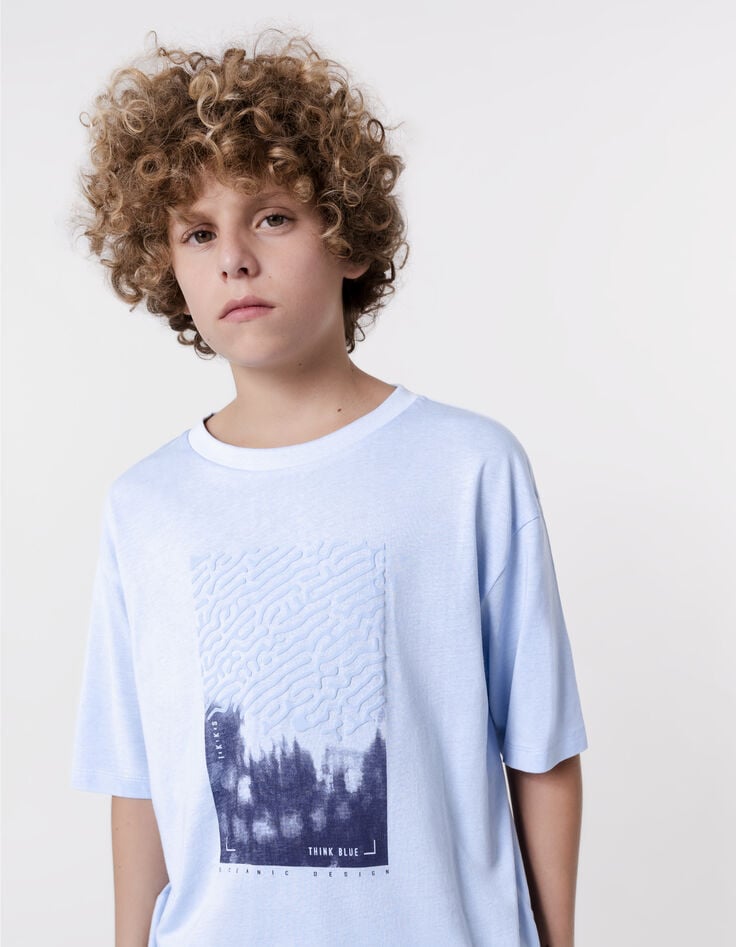 ikks T-shirt bleu coton bio flocage ondes marines garçon