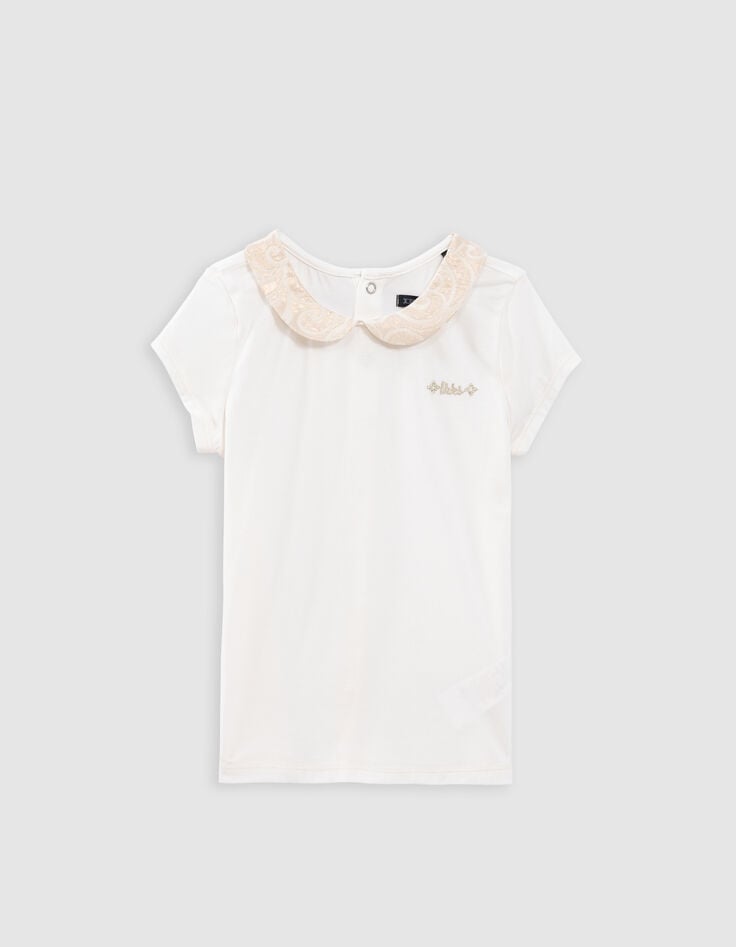 ikks T-shirt écru col Claudine jacquard boutons dos fille