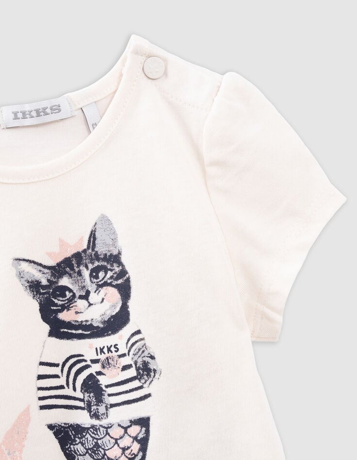 Ikks T-shirt écru Coton Bio Chat-sirène Pailleté Bébé Fille