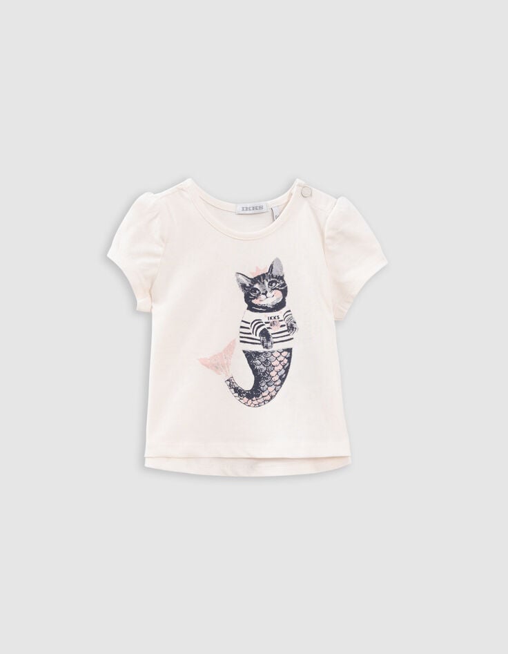 ikks T-shirt écru coton bio chat-sirène pailleté bébé fille