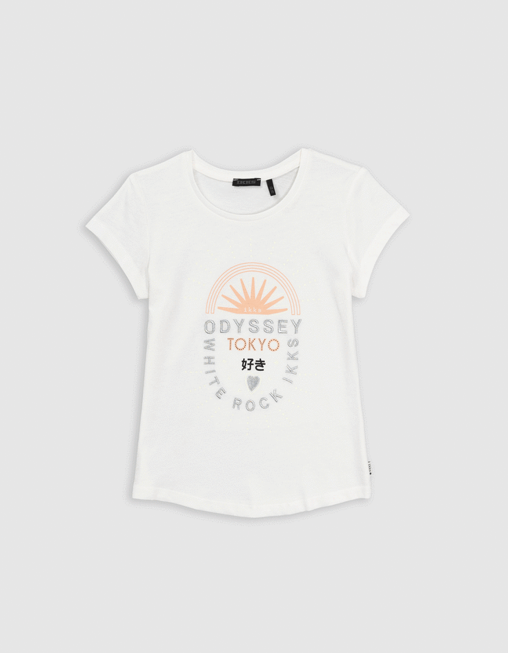 ikks T-shirt écru coton bio message brodé silver fille