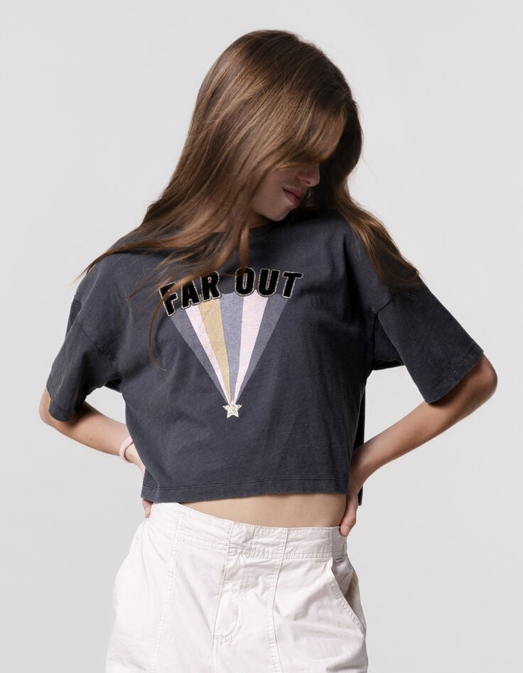 Ikks T-shirt Gris Coton Bio Message Floqué Et Rayures Fille