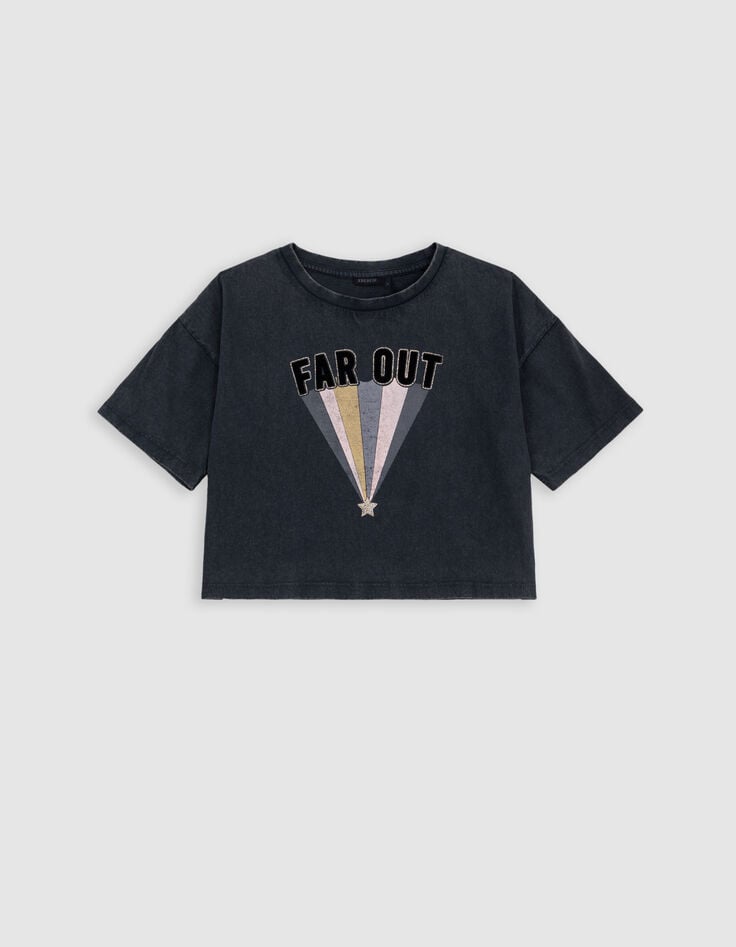 Ikks T-shirt Gris Coton Bio Message Floqué Et Rayures Fille