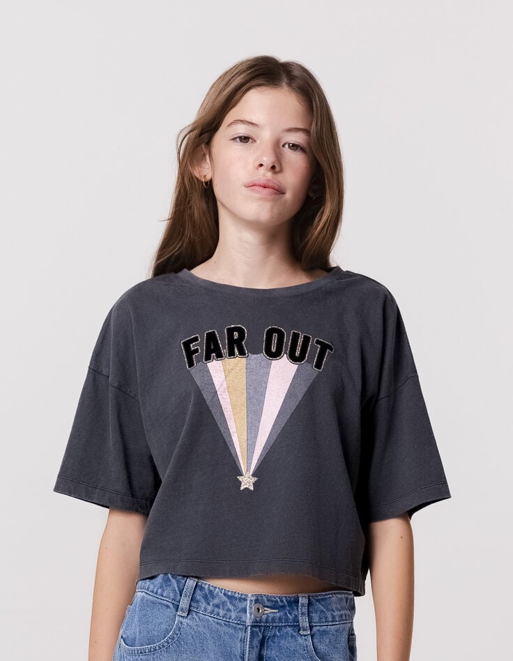 ikks T-shirt gris coton bio message floqué et rayures fille