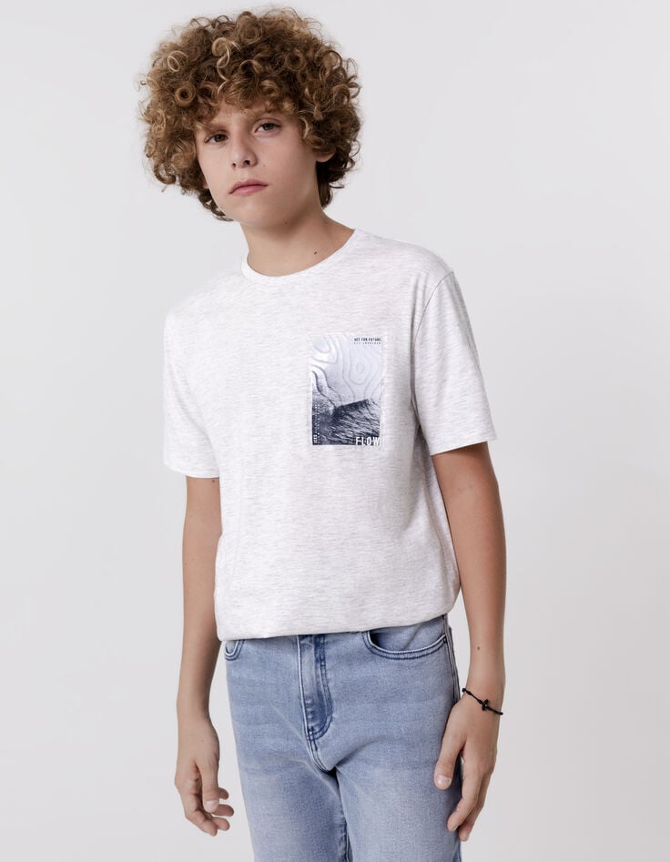 ikks T-shirt gris coton bio patch ondes marines garçon