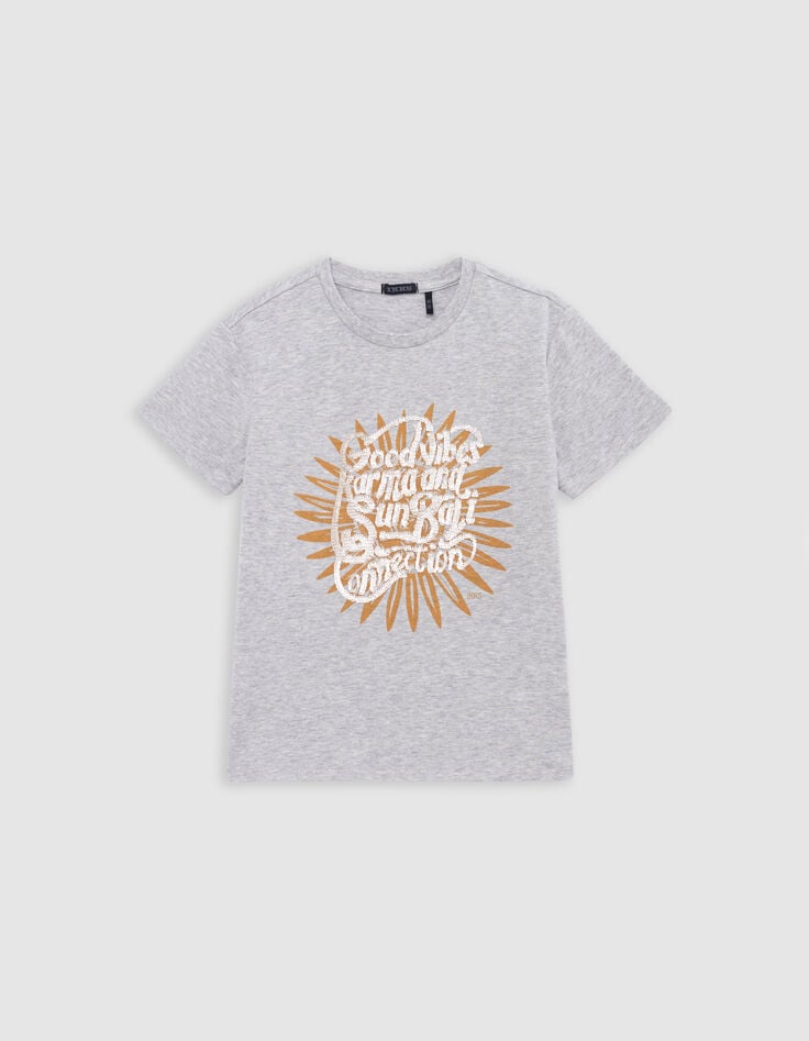 Ikks T-shirt Gris Coton Bio Print Et Broderies Sequins Garçon