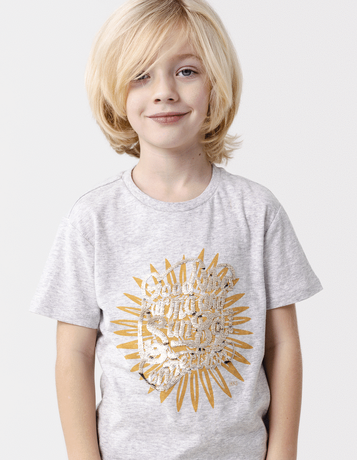 ikks T-shirt gris coton bio print et broderies sequins garçon
