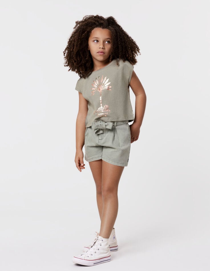 ikks T-shirt kaki coton bio palmier-tigre copper fille