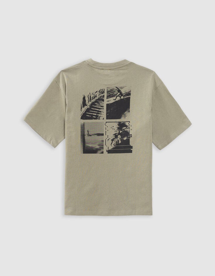 Ikks T-shirt Kaki Coton Bio Surfeurs Et Palmiers Dos Garçon