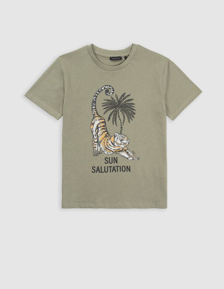 ikks T-shirt kaki coton bio visuel double tigre garçon