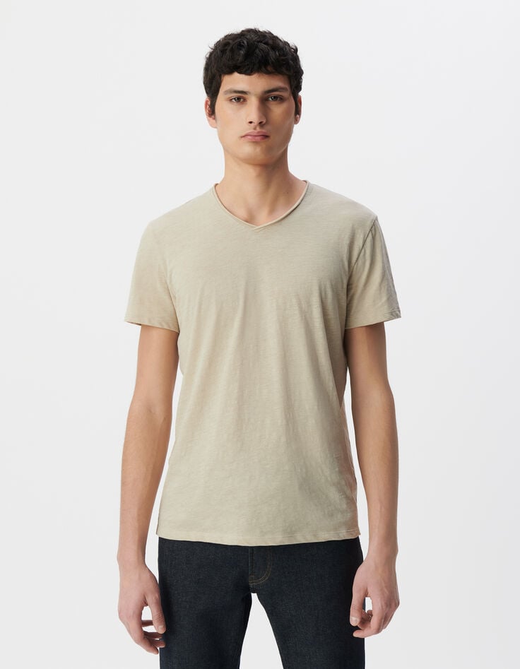Ikks T-shirt L'Essentiel Beige Coton Bio Col V Homme