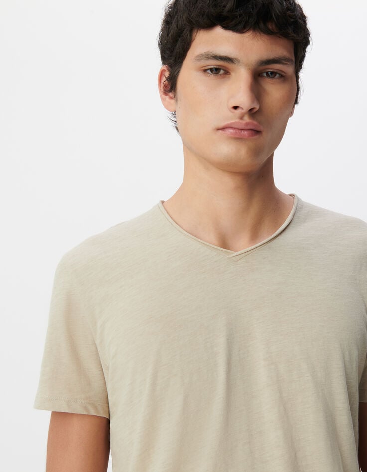 Ikks T-shirt L'Essentiel Beige Coton Bio Col V Homme