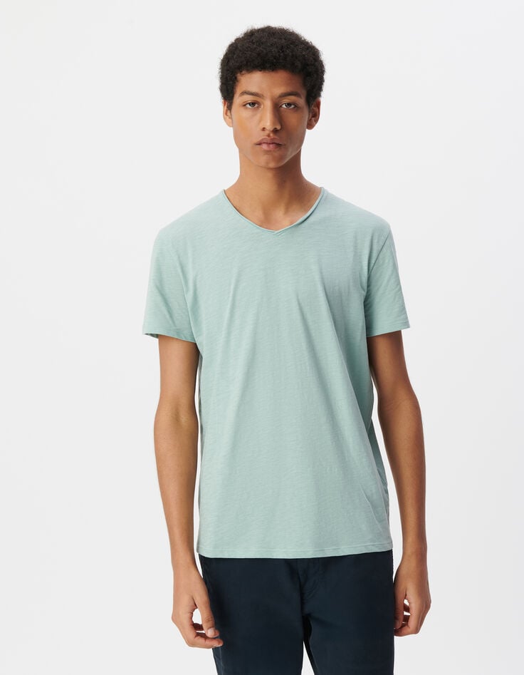 Ikks T-shirt L'Essentiel Bleu Gris Coton Bio Col V Homme