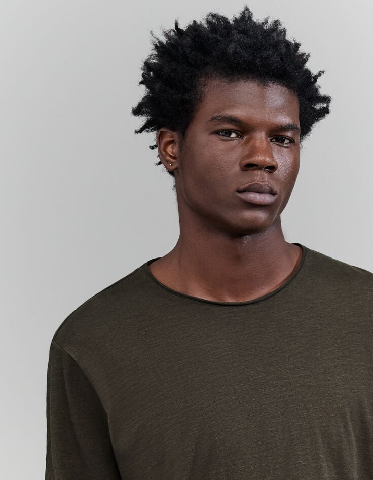 Ikks T-shirt L'Essentiel Kaki Coton Bio Manches Longues Homme