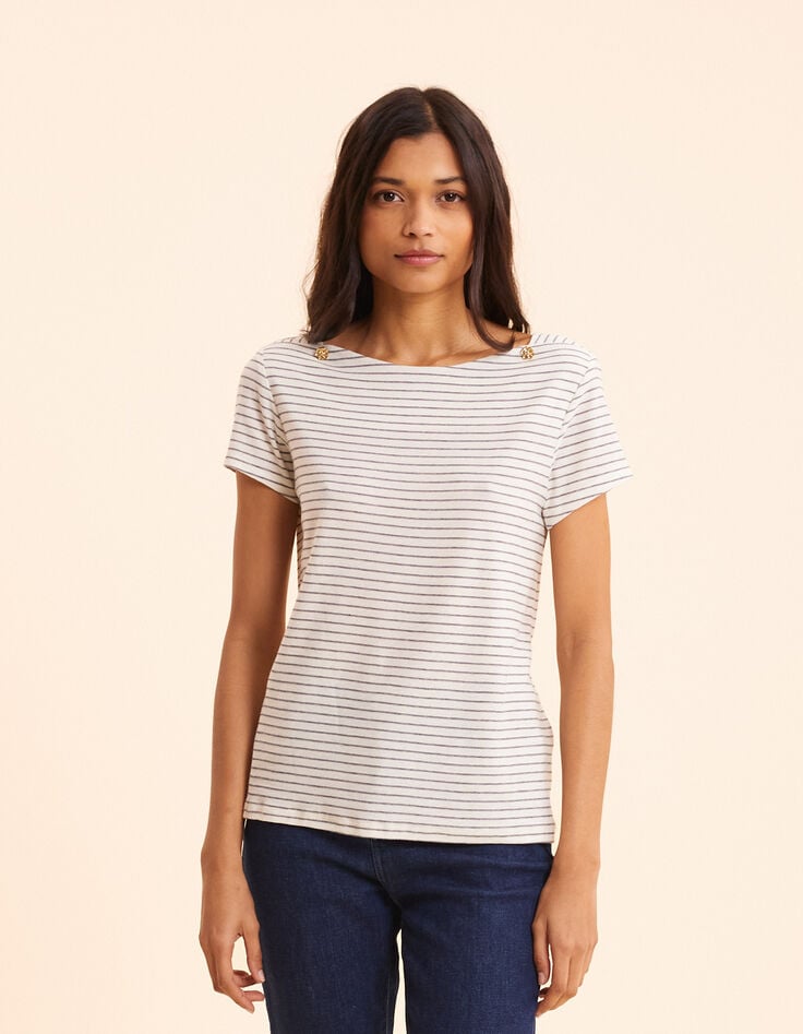 Ikks T-shirt Marinière Blanc Rayé Décor Boutons I.Code
