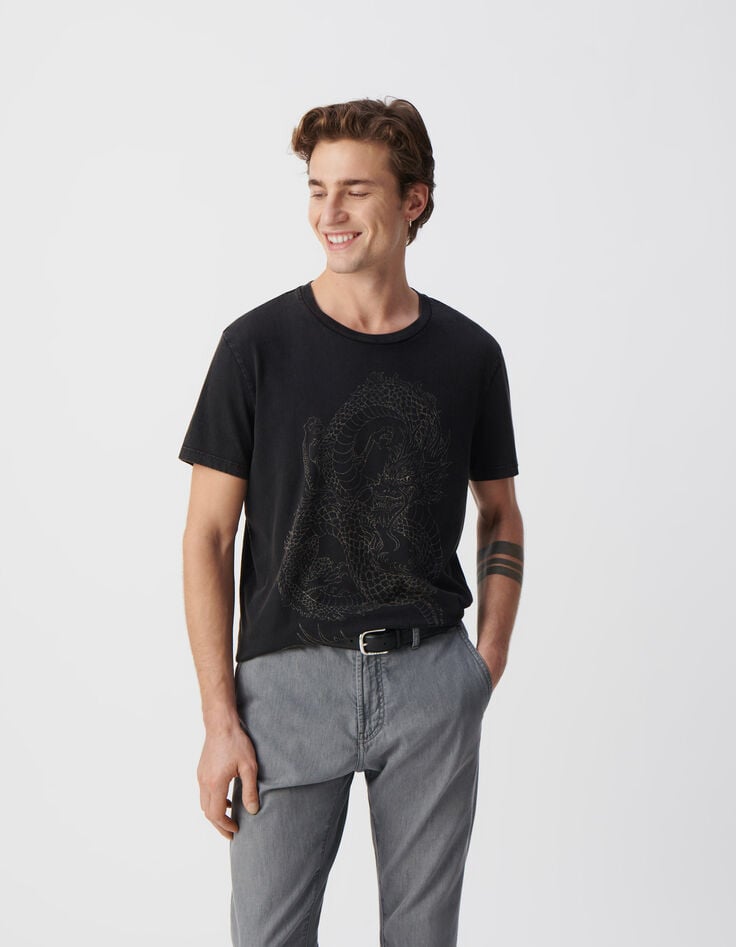 Ikks T-shirt Noir Coton Bio Visuel Maxi Dragon Homme