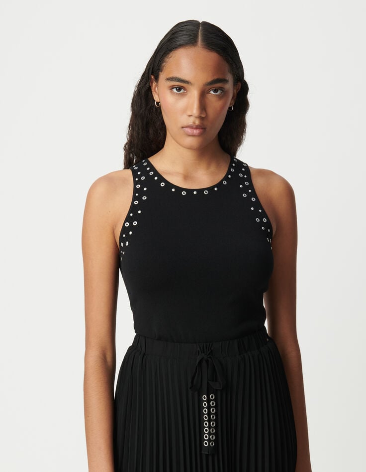 Ikks T-shirt Noir Sans Manches Tricot Décors œillets Clous Femme