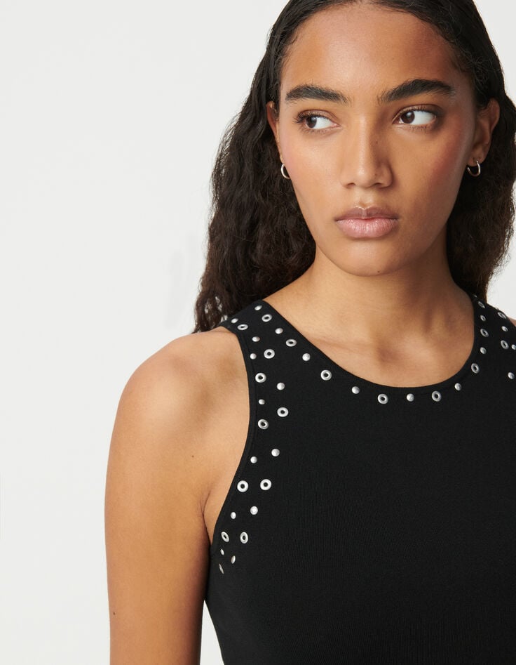 Ikks T-shirt Noir Sans Manches Tricot Décors œillets Clous Femme