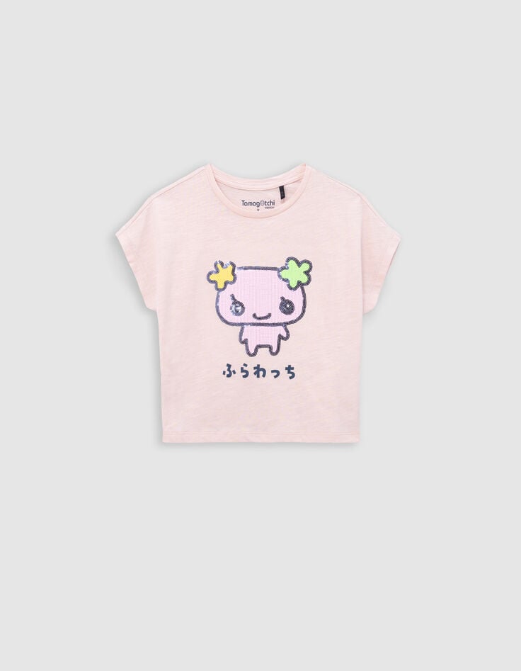 ikks T-shirt rose bio sequins TAMAGOTCHI x IKKS fille