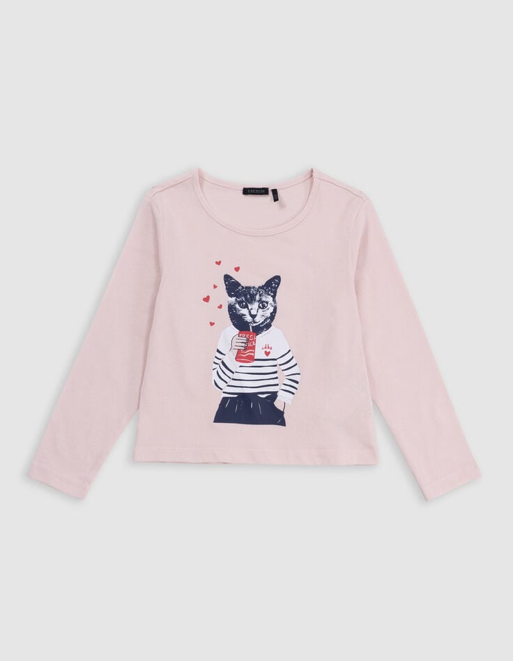 Ikks T-shirt Rose Coton Bio Chat En Marinière Fille