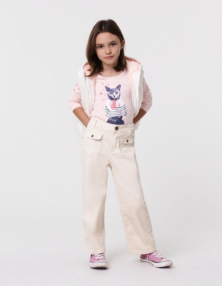 ikks T-shirt rose coton bio chat en marinière fille