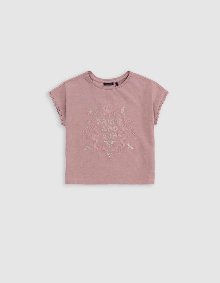 Ikks T-shirt Rose Coton Bio Dentelle Et Broderies Fille