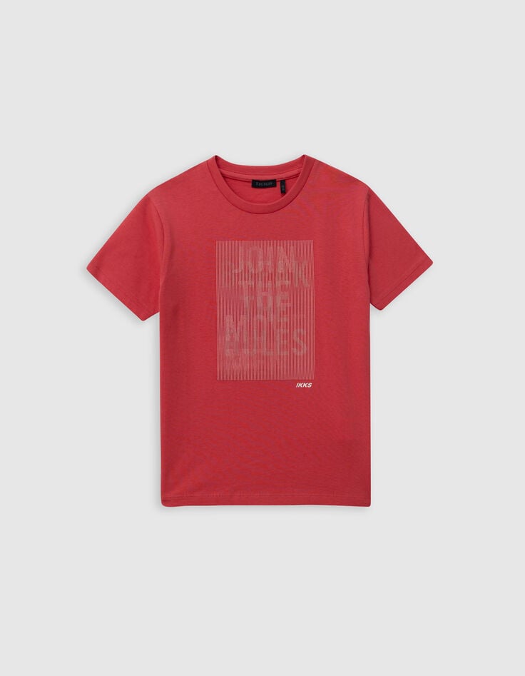 Ikks T-shirt Rouge Coton Bio Rayures Gomme Sur Message Garçon
