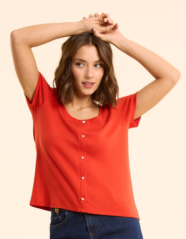 ikks T-shirt rouge maille Pointelle décor boutons I.Code