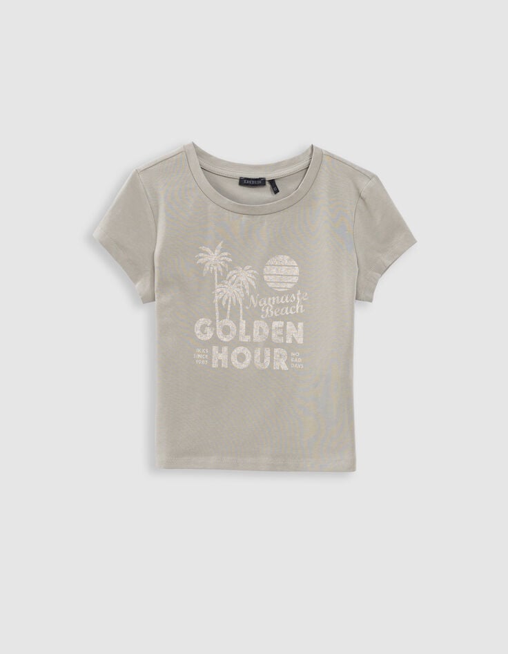 Ikks T-shirt Vert Messages Et Palmiers Cropped Fille