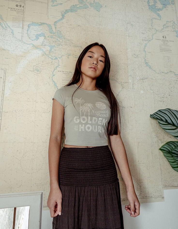 ikks T-shirt vert messages et palmiers cropped fille