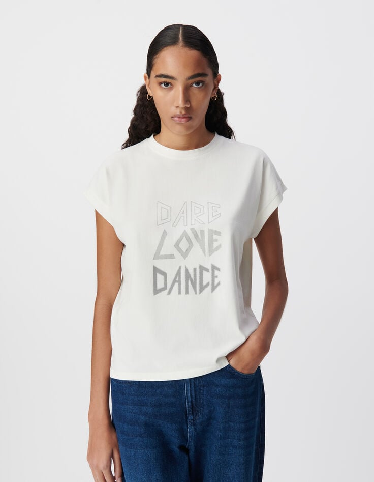 Ikks Tee-shirt Col Rond Blanc Message Contours Pailletés