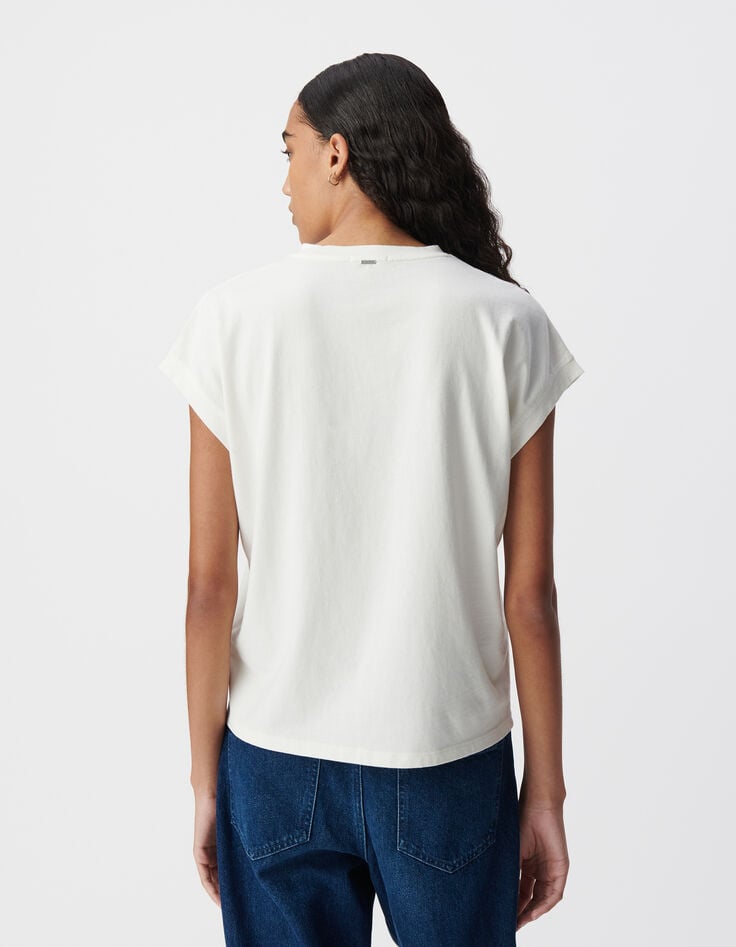 Ikks Tee-shirt Col Rond Blanc Message Contours Pailletés