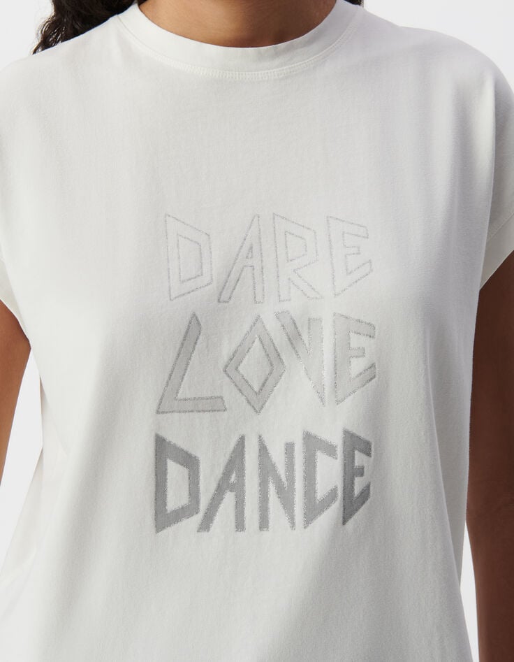 Ikks Tee-shirt Col Rond Blanc Message Contours Pailletés